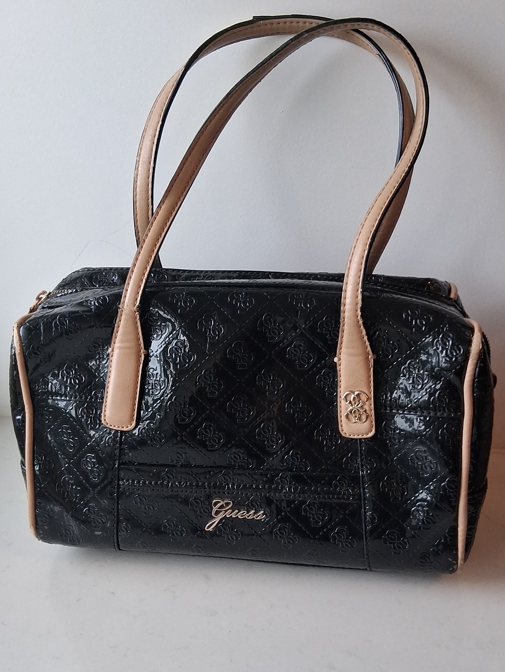 GUESS Black Patent Satchel with Tan Handles